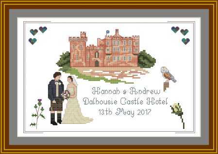 Dalhousie Castle Hotel, Cross-stitch wedding sampler,